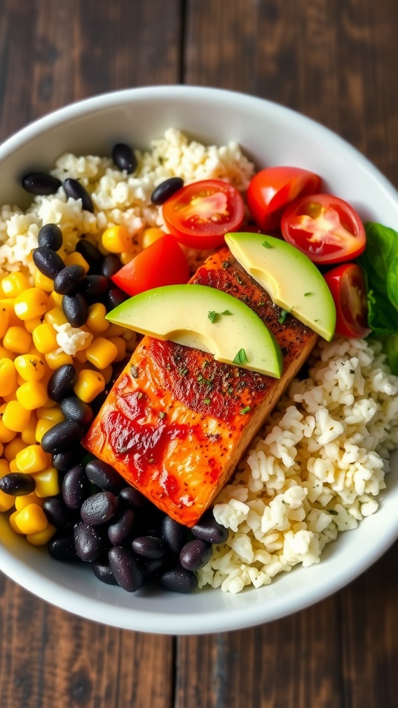 A colorful chipotle salmon burrito bowl with rice, black beans, corn, avocado, and tomatoes on a rustic table.